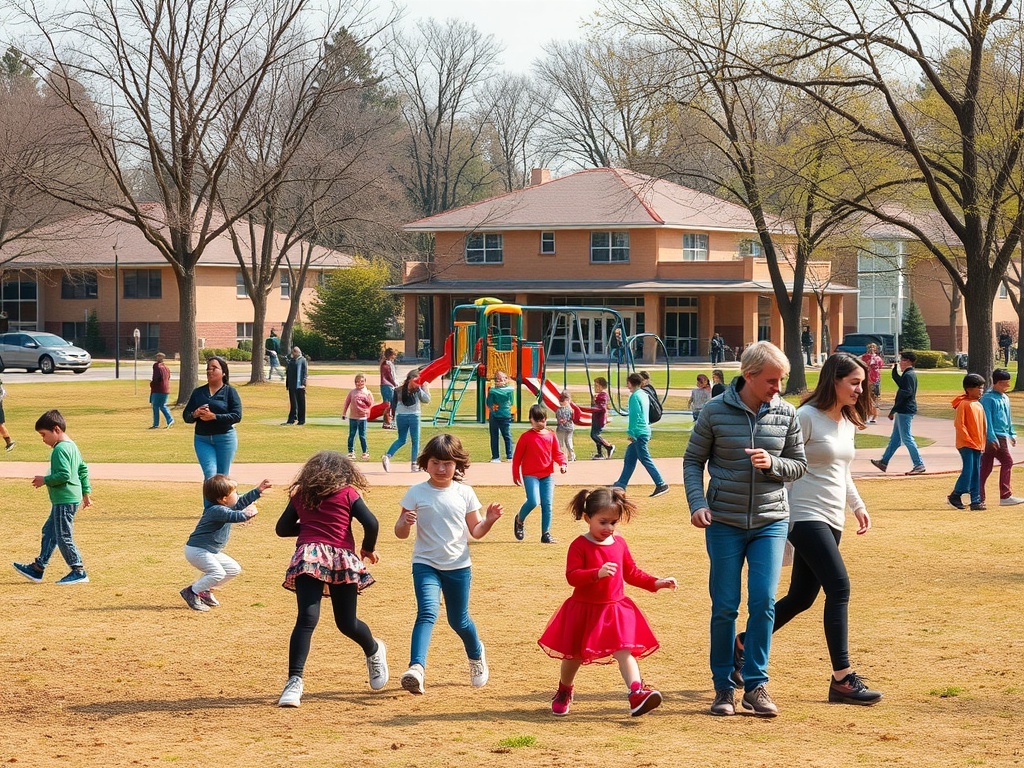 Дети и взрослые играют на открытом воздухе в парке, вокруг игрового оборудования и домов. Весна.