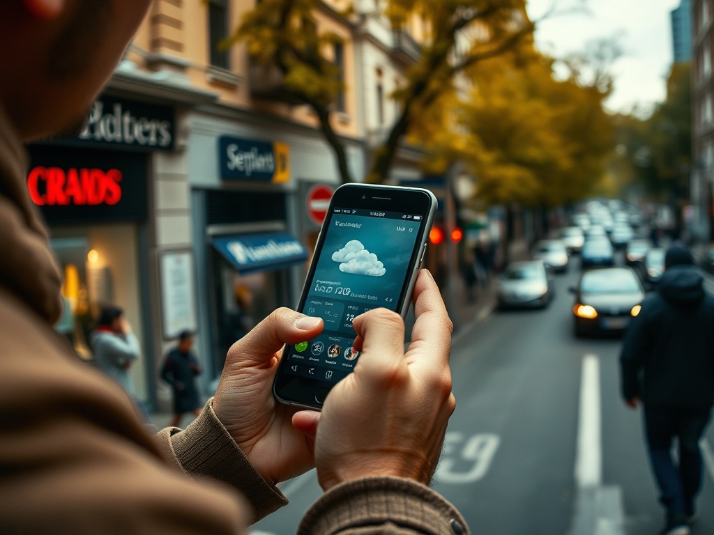 Человек смотрит на смартфон с прогнозом погоды, на фоне городской улицы с движением автомобилей.