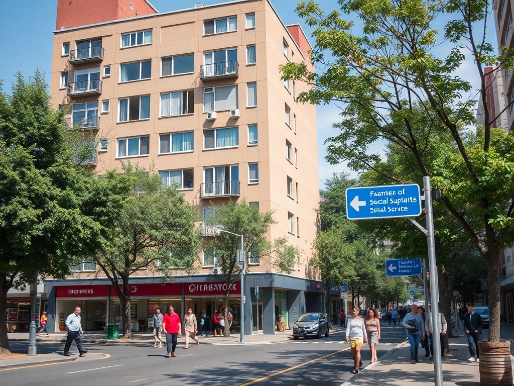 На изображении видны здания, люди на улице и указатели на услуги. Солнечный день, зелёные деревья.