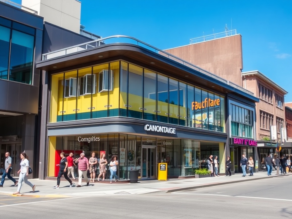 На фоне яркого здания люди прогуливаются по улице в солнечный день. Магазины находятся на первом этаже.