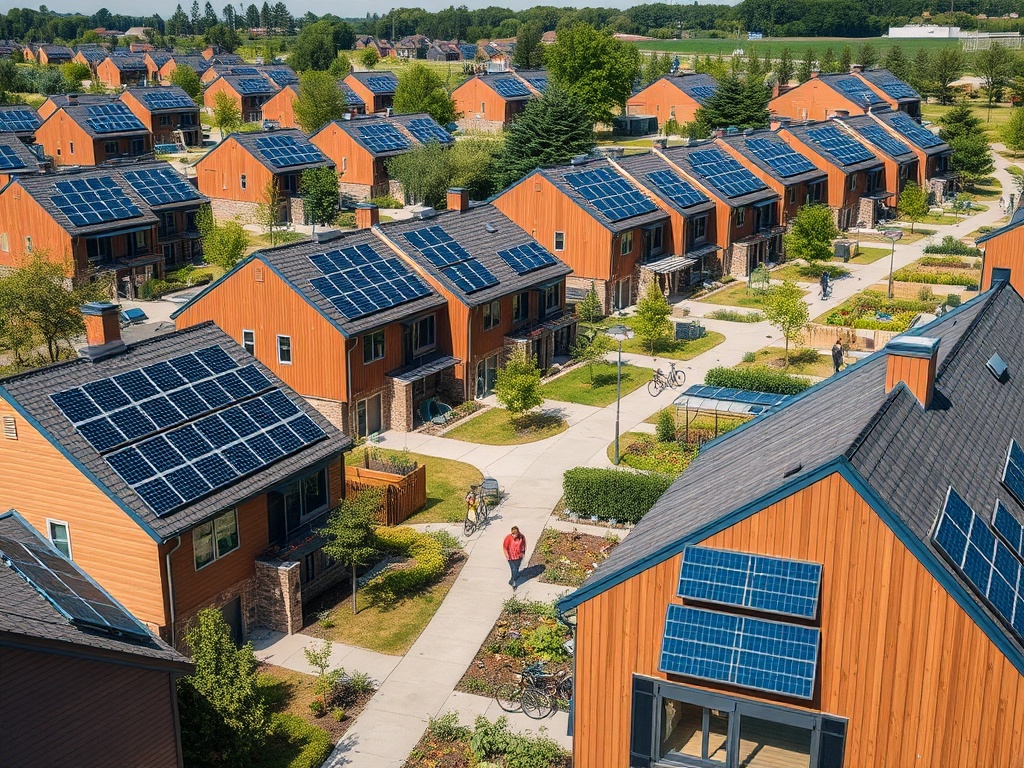 Жилой район с солнечными панелями на крышах домов и зелеными насаждениями на улицах.