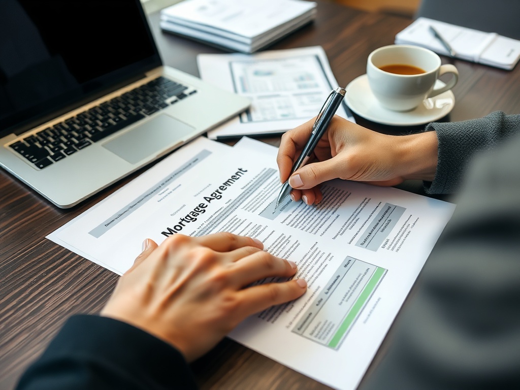 Человек подписывает договор ипотеки на фоне ноутбука и чашки кофе на столе.