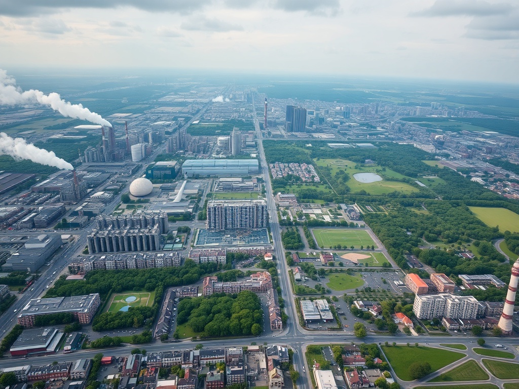 Городской пейзаж с промышленные зданиями, зелеными территориями и дымом, поднимающимся из труб.