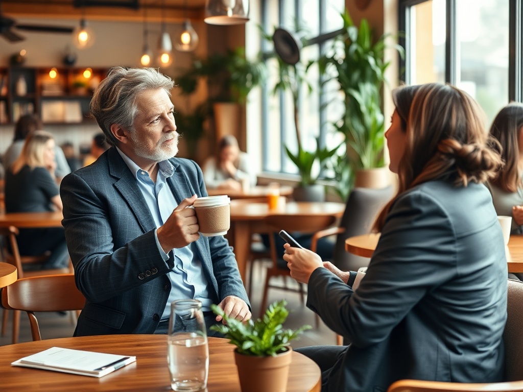 Два человека обсуждают что-то за чашкой кофе в уютном кафе с зелеными растениями вокруг.