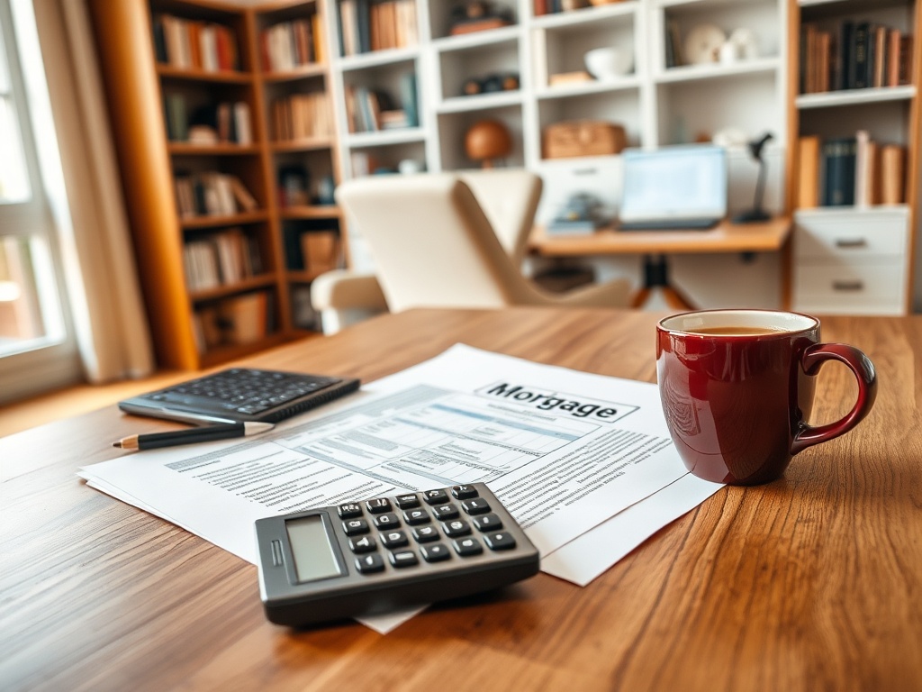 На столе лежит ипотечный документ, калькулятор и чашка кофе, на фоне домашнего офиса.