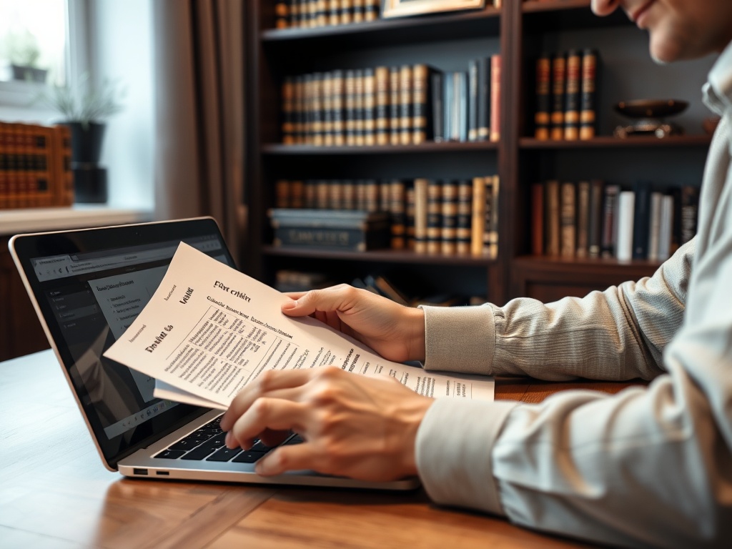 Человек просматривает документы на ноутбуке на фоне библиотечных книг.