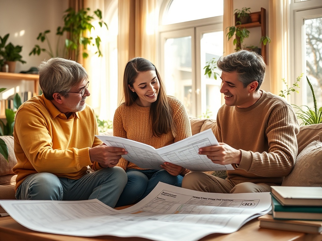 Трое человек обсуждают чертежи, сидя на диване в светлой комнате с зелеными растениями вокруг.