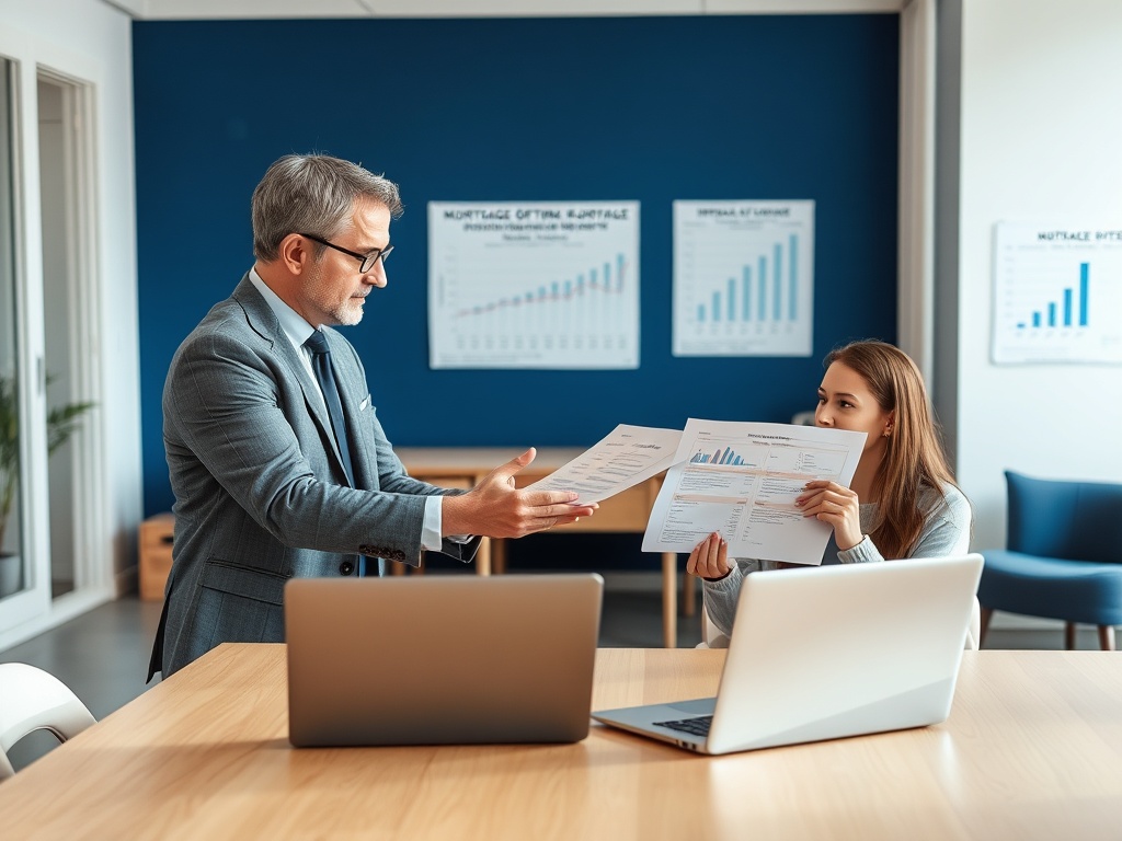 Мужчина в деловом костюме объясняет девушке документы в офисе с графиками на стене и компьютерами на столе.