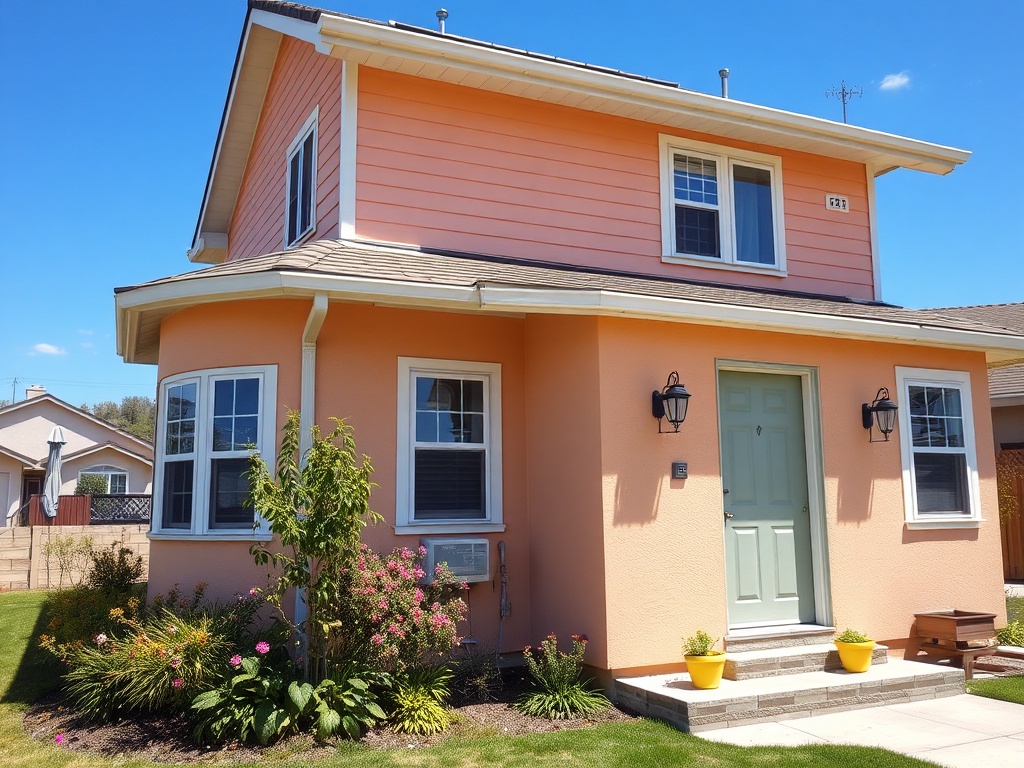 Небольшой дом с розовой фасадной окраской, ухоженный газон и цветы у входа. Ясное голубое небо.